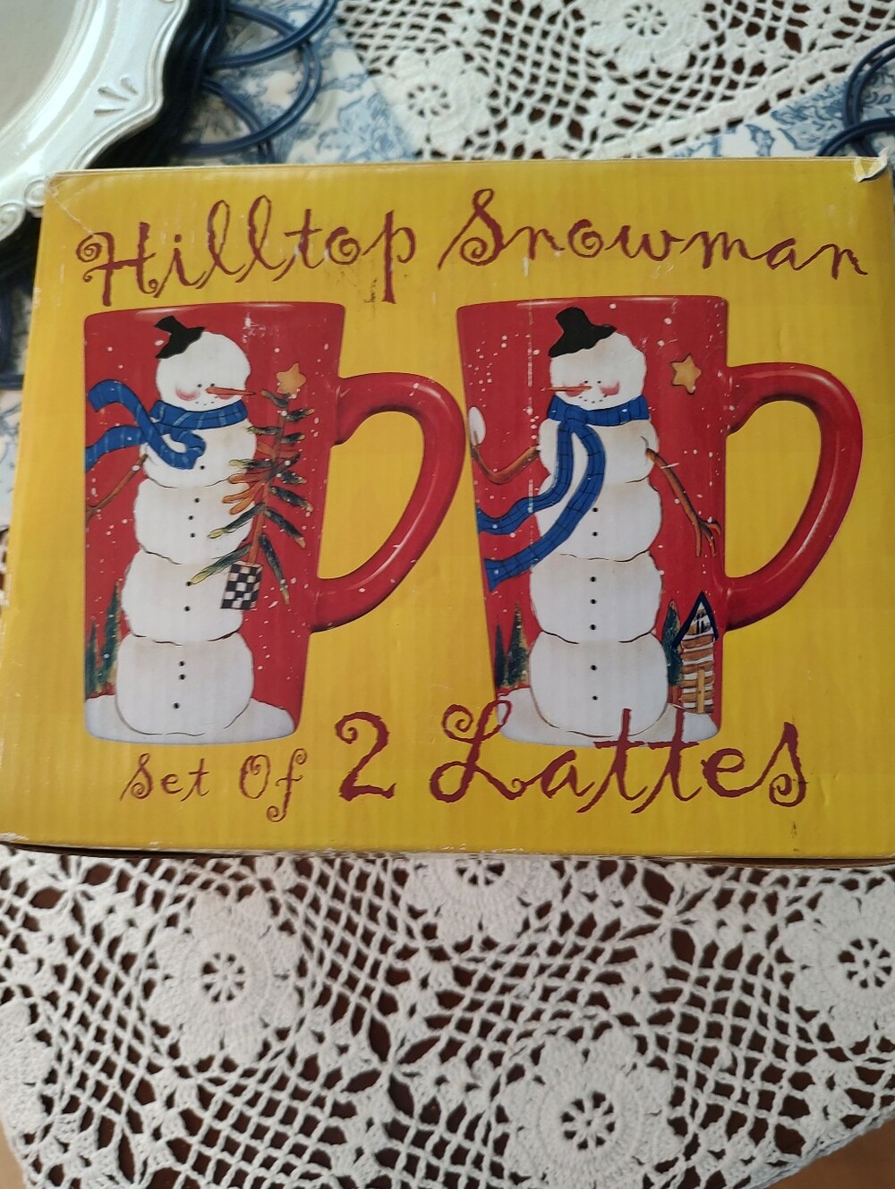 Certified International "Hilltop Snowman" Red Snowman Latte Mugs